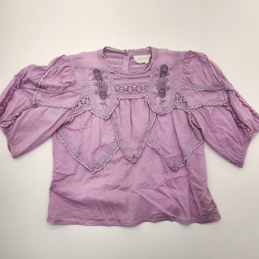 Anthropologie Lavender Embroidered Lace Boho Blouse Puff Sleeve Size S
